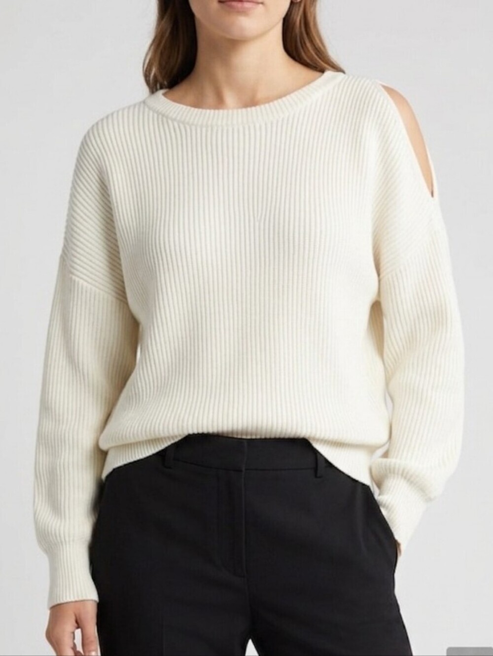 7 For All Mankind Cream Ribbed Crewneck Sweater-Open Shoulder Slit On One Side